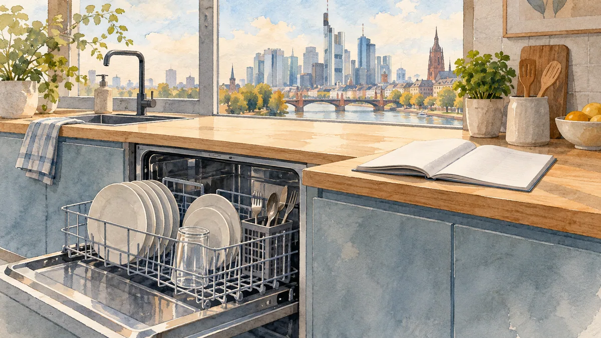 A fictional kitchen has an open dishwasher and booklet beside a distant skyline.