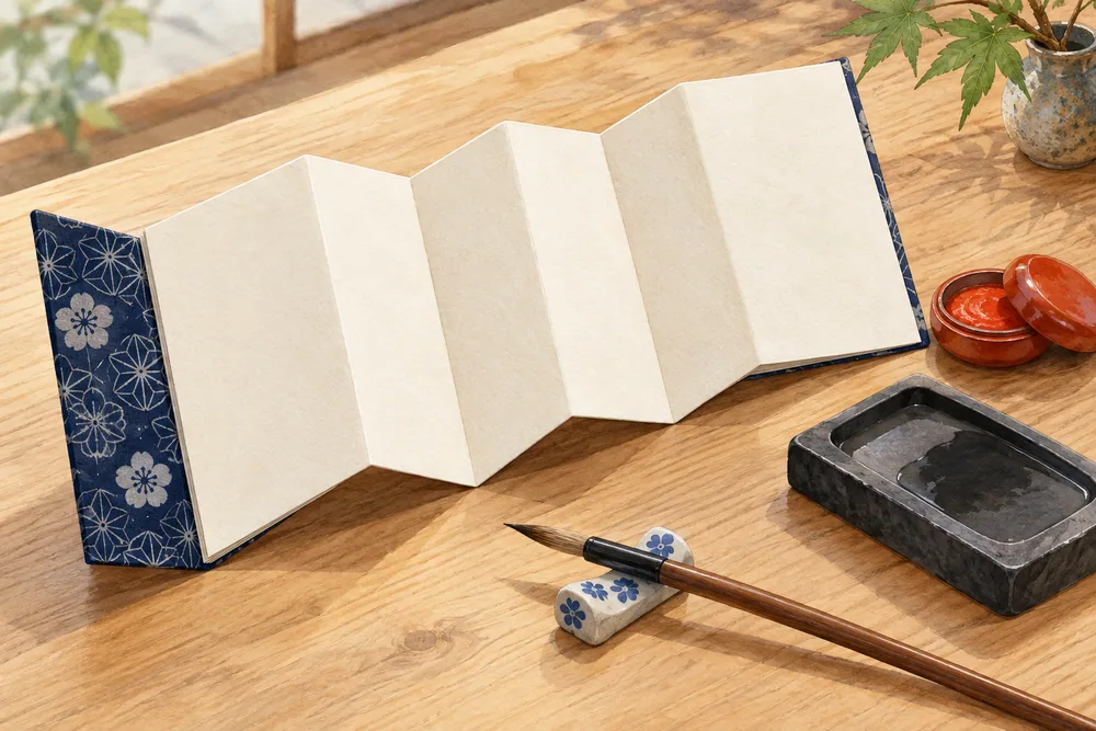 Blank cream pages of an accordion-fold goshuincho beside a brush and a red ink container.