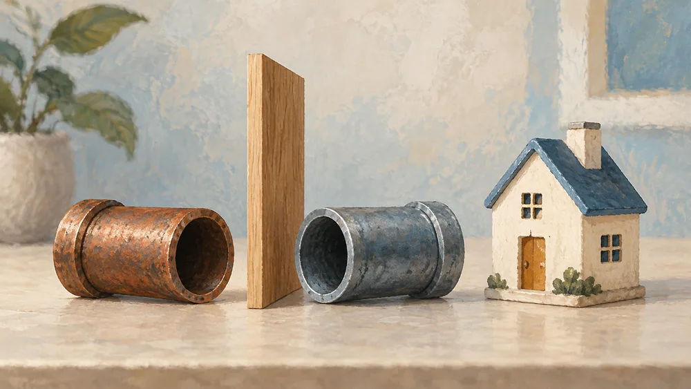 Two differently coloured pipe pieces beside a wooden divider and miniature house.
