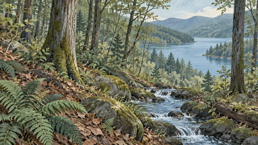 An imagined wooded hillside with a stream leading toward a lake.