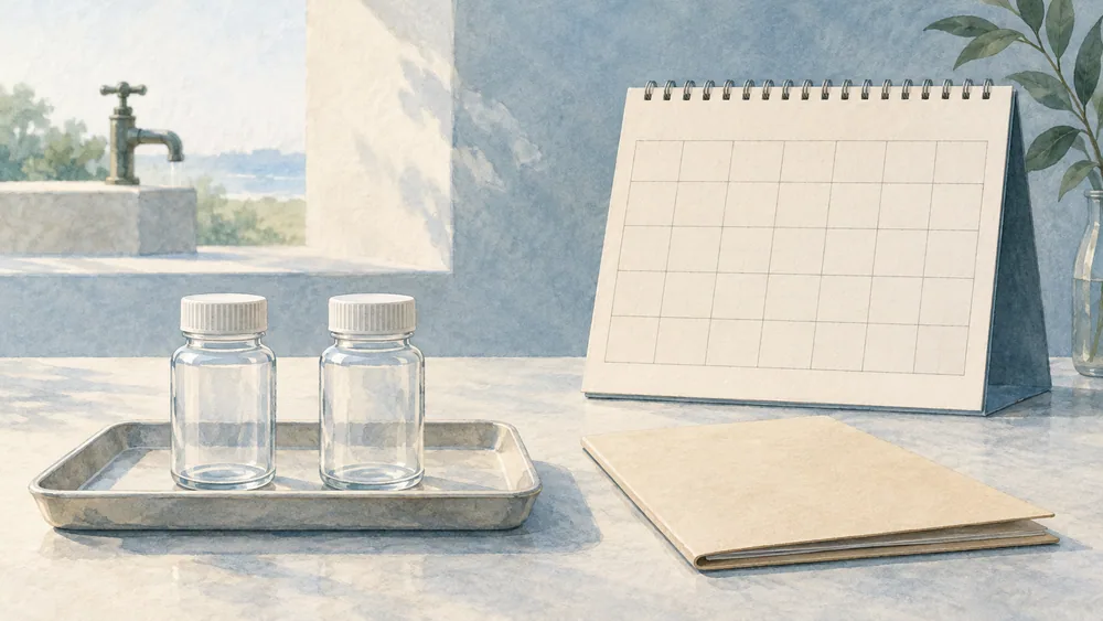 Two unmarked sample bottles on a tray beside a blank calendar and a closed folder.