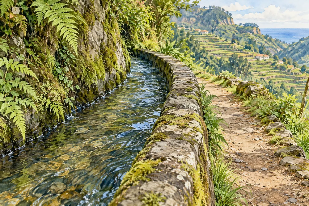 Illustrated close-up of water in a stone channel, with cultivated terraces in the distance.