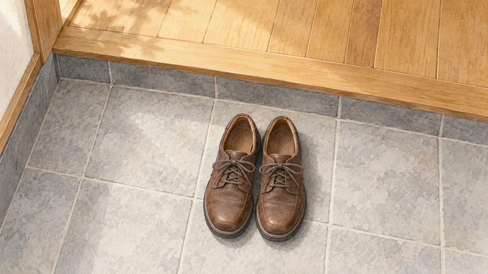 A pair of brown shoes rests on lower grey entrance tiles, with the toes pointing away from the raised wooden floor.