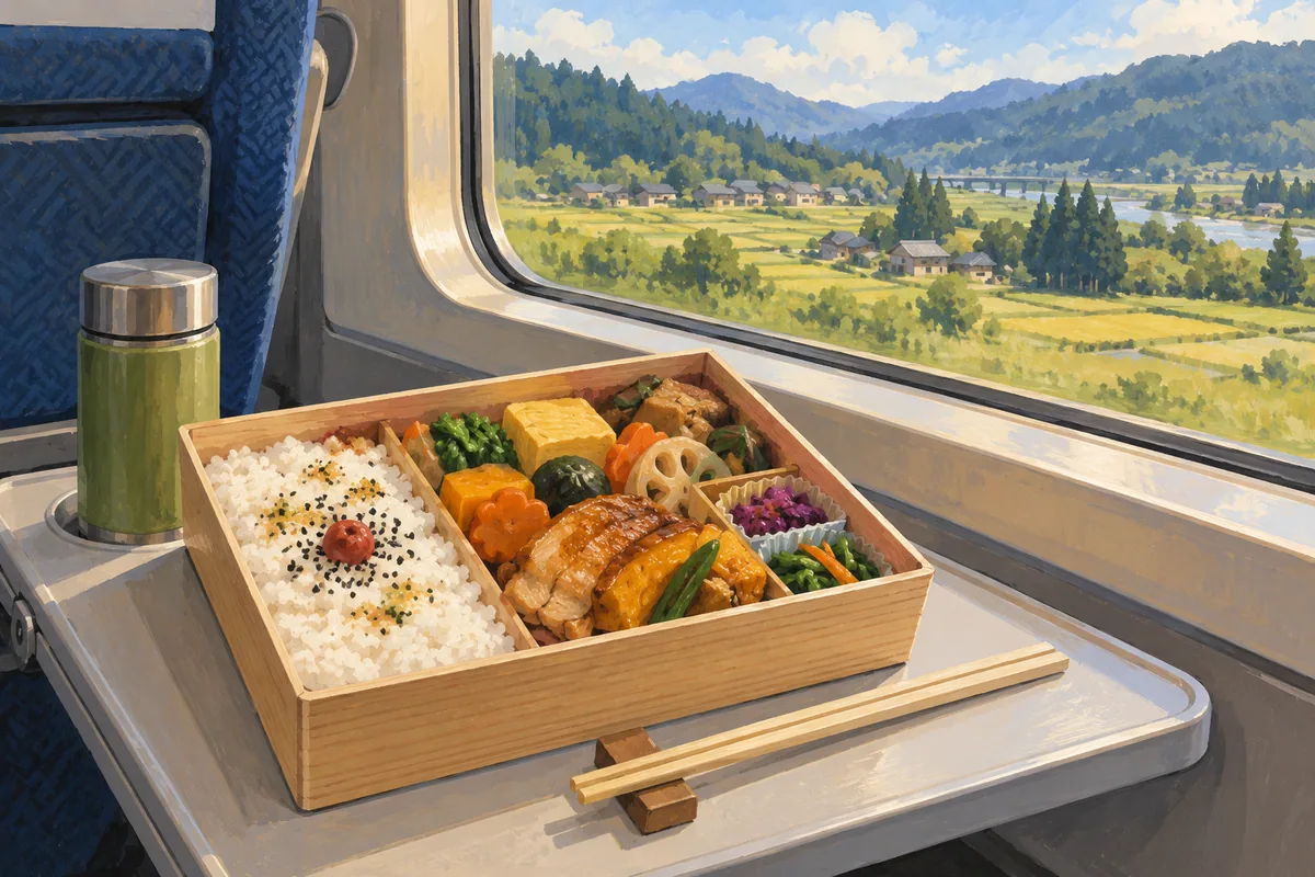 Illustration of an open boxed meal on a train tray beside a window overlooking fields and wooded hills.