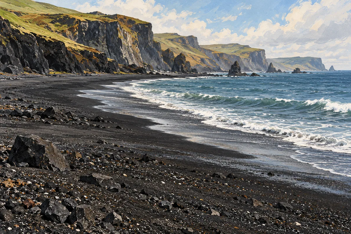 Painted illustration of a curving dark-sand beach below grassy cliffs beside a blue-grey sea.