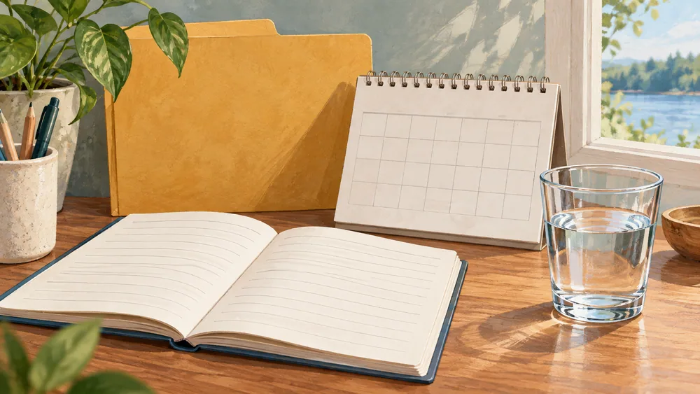 Open blank lined notebook, unnumbered calendar, ochre folder and water glass.