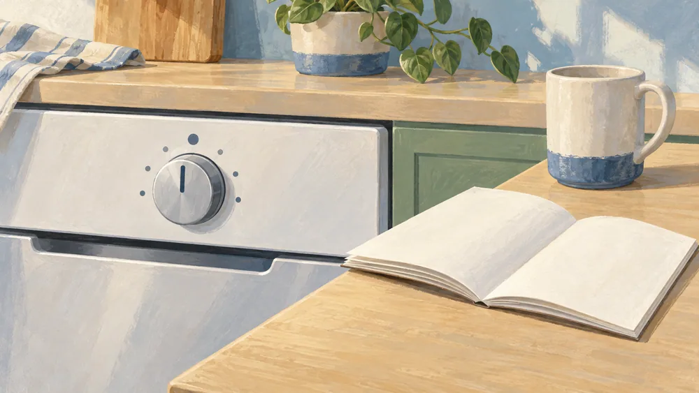 A generic dishwasher knob beside an open blank booklet.