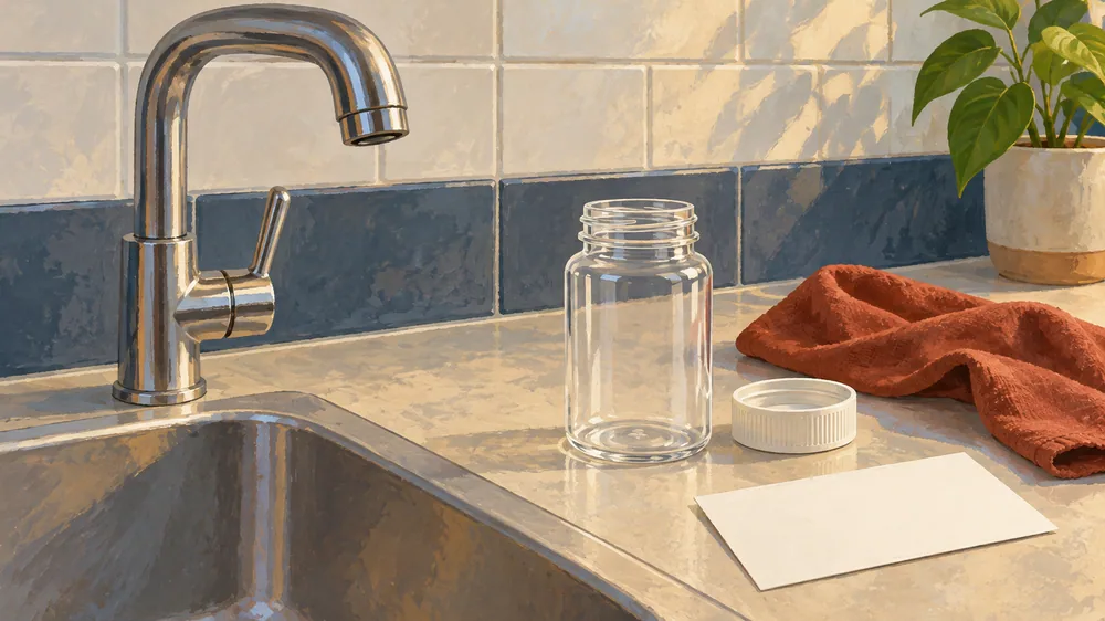 An empty sample vessel and blank card beside a kitchen tap.