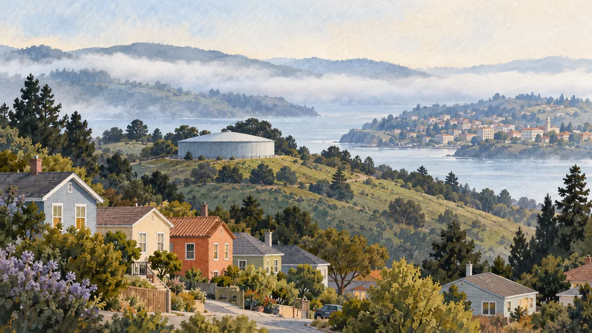 An imagined coastal neighbourhood and another town beyond hills, with generic water storage between them.