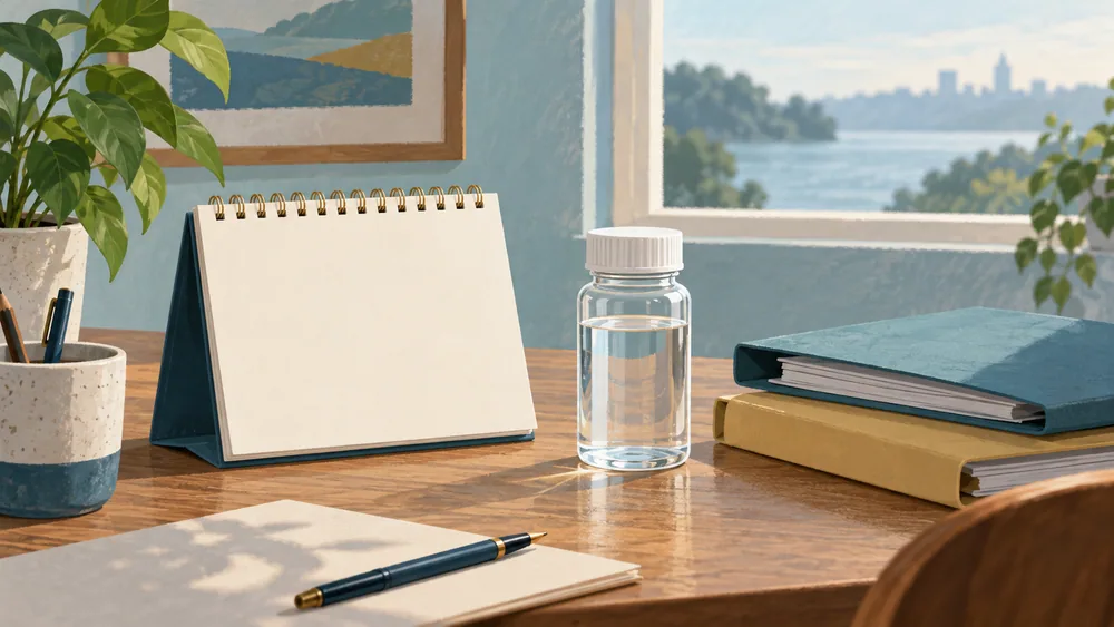 A blank calendar, unmarked folders and a plain sample bottle on a desk.