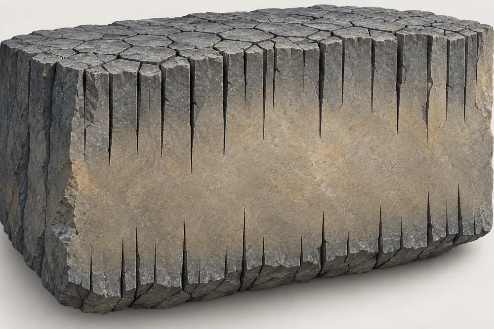 Conceptual cutaway of solid volcanic rock with cracks extending inward from its outer surfaces.