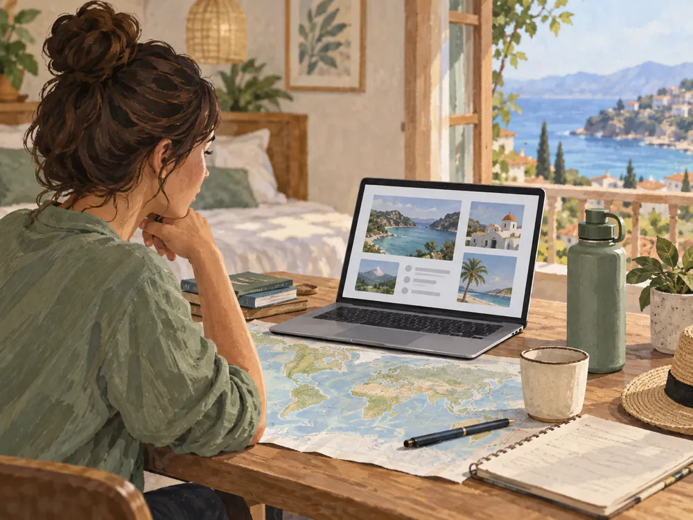 A map and refillable bottle lie on an illustrated travel-planning desk near an accommodation window.