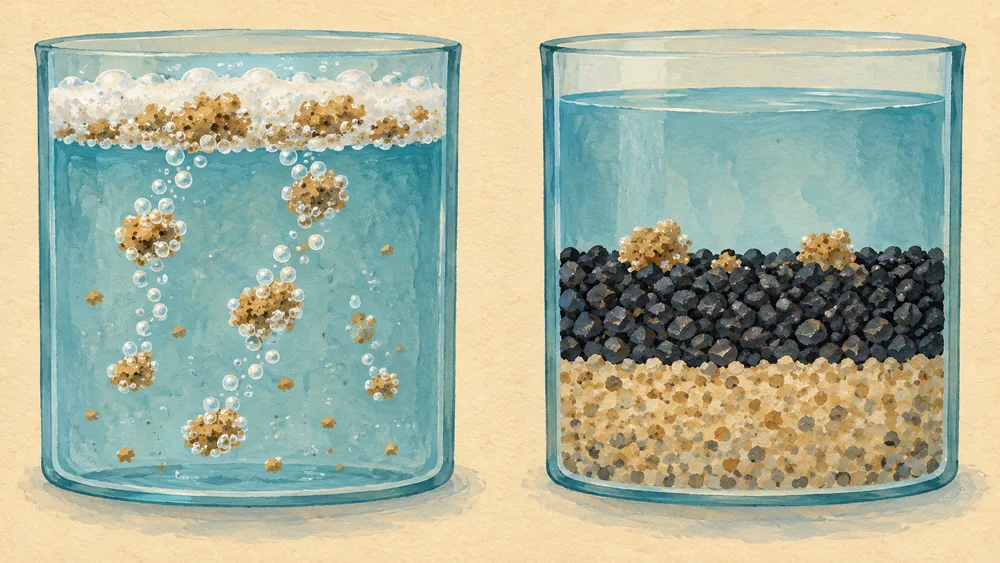 Two painted teaching vessels showing bubbles beside particles and a separate granular filter bed.