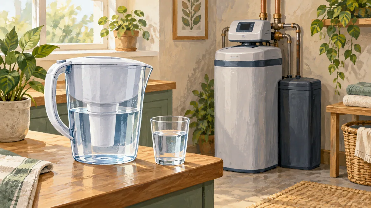 Illustrated pitcher on a foreground kitchen counter, with a plumbed household softener on the floor behind it.