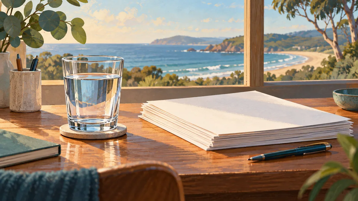 A water glass and blank report papers beside an imagined coastal window view.
