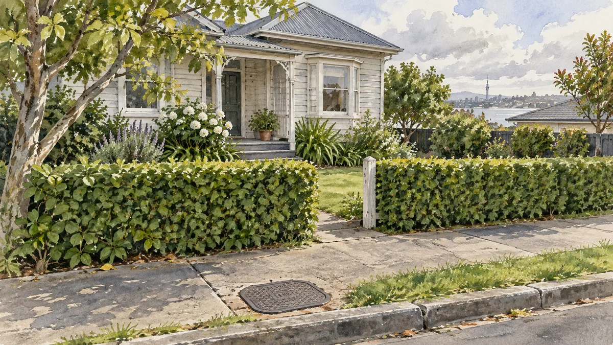 An imagined wooden house and garden beside a street meter cover.