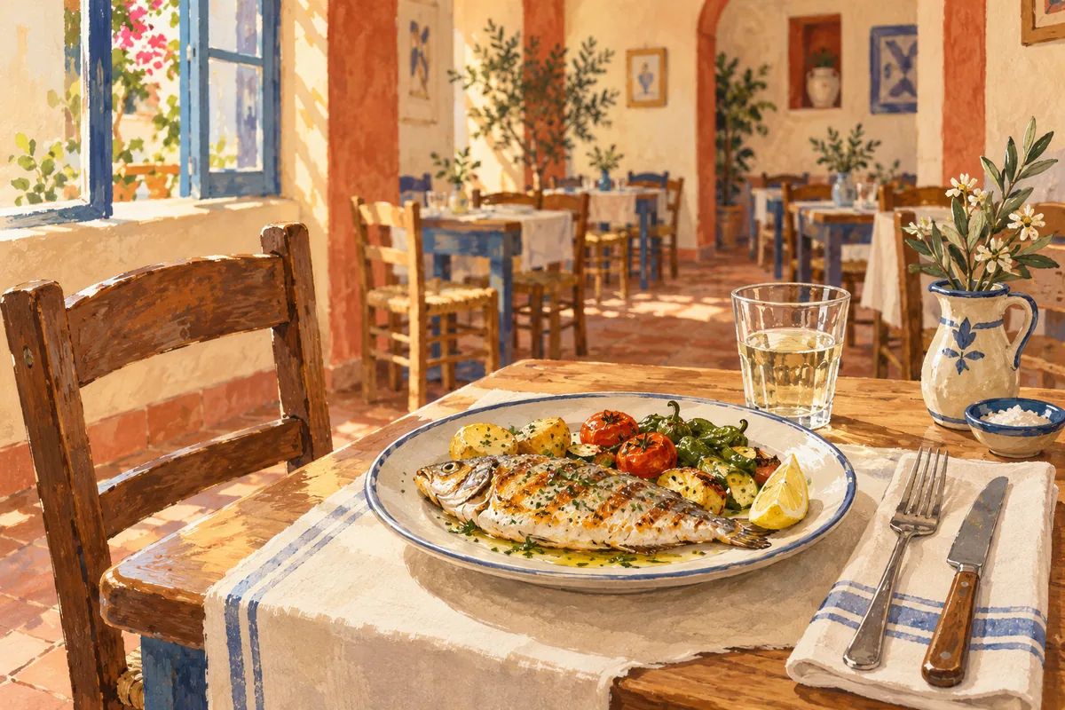 Illustration of a fish lunch with potatoes and vegetables on a table in a sunlit restaurant.