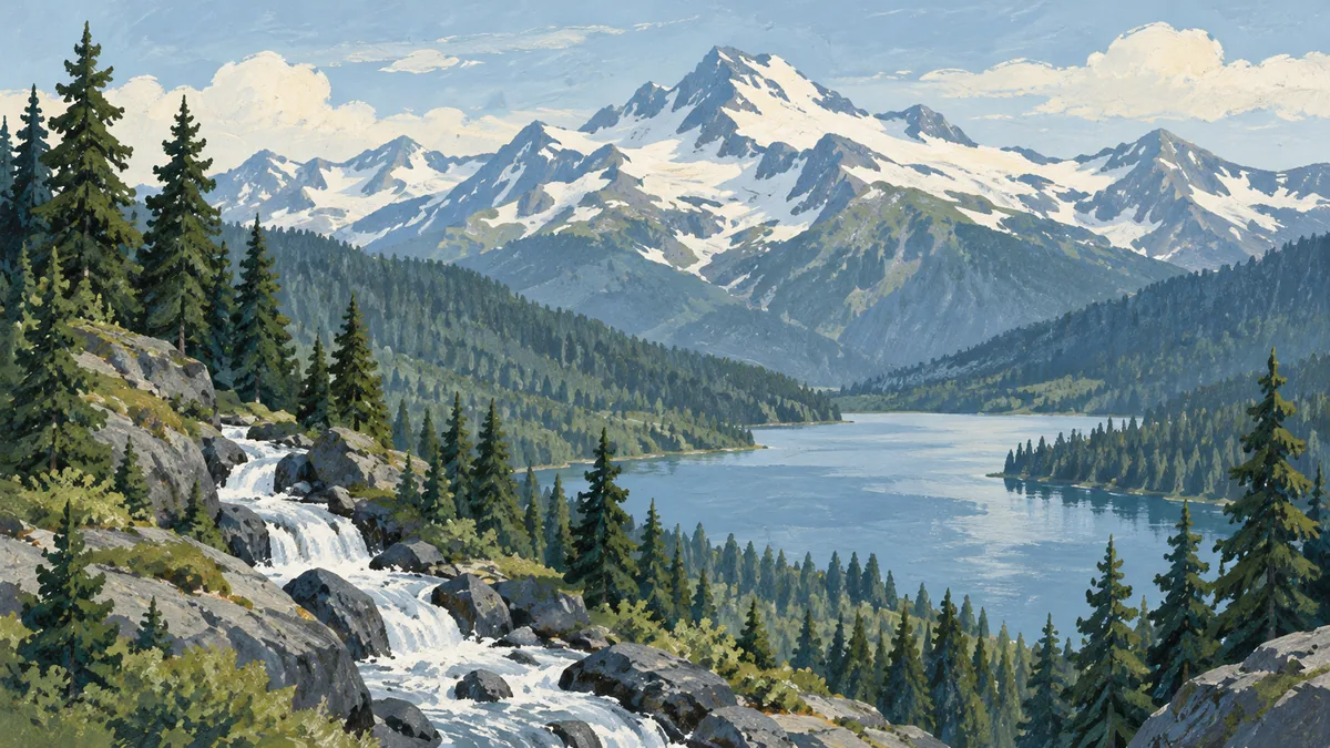 Illustrated snowy mountain, evergreen forest, lake and stream in a fictional watershed.