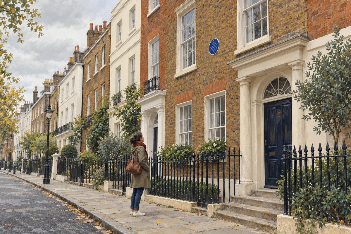 A visitor looks up at a blue plaque on an imagined London brick terrace.