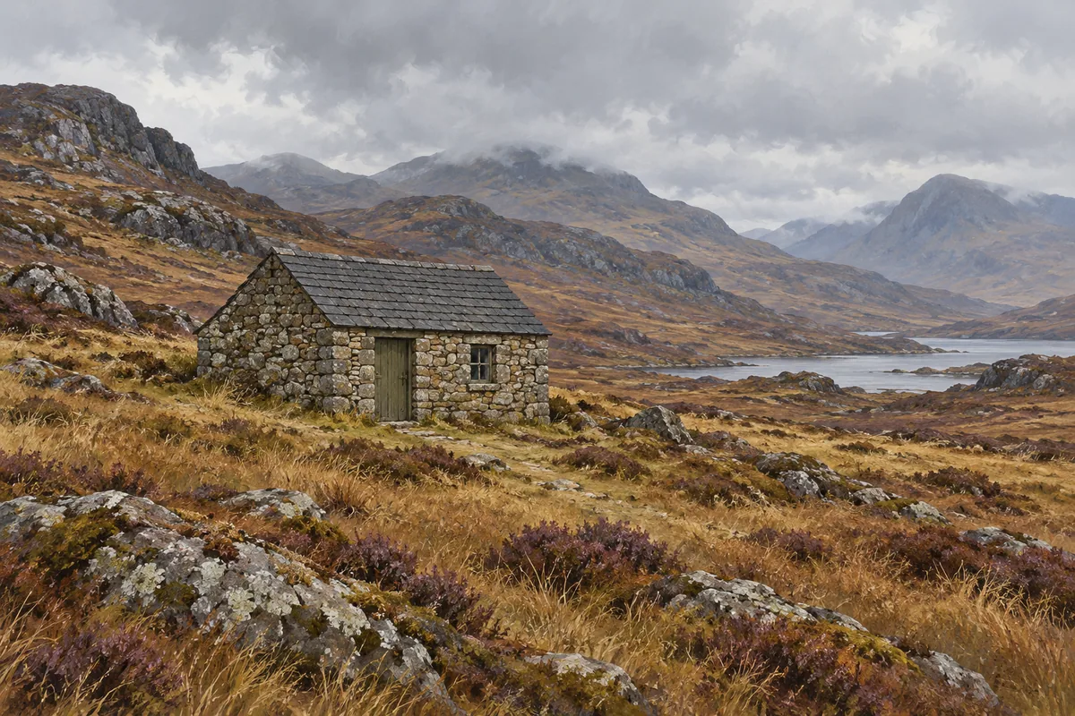 Illustration of a small stone bothy among rocks and tawny grasses, with hills and a loch behind it.