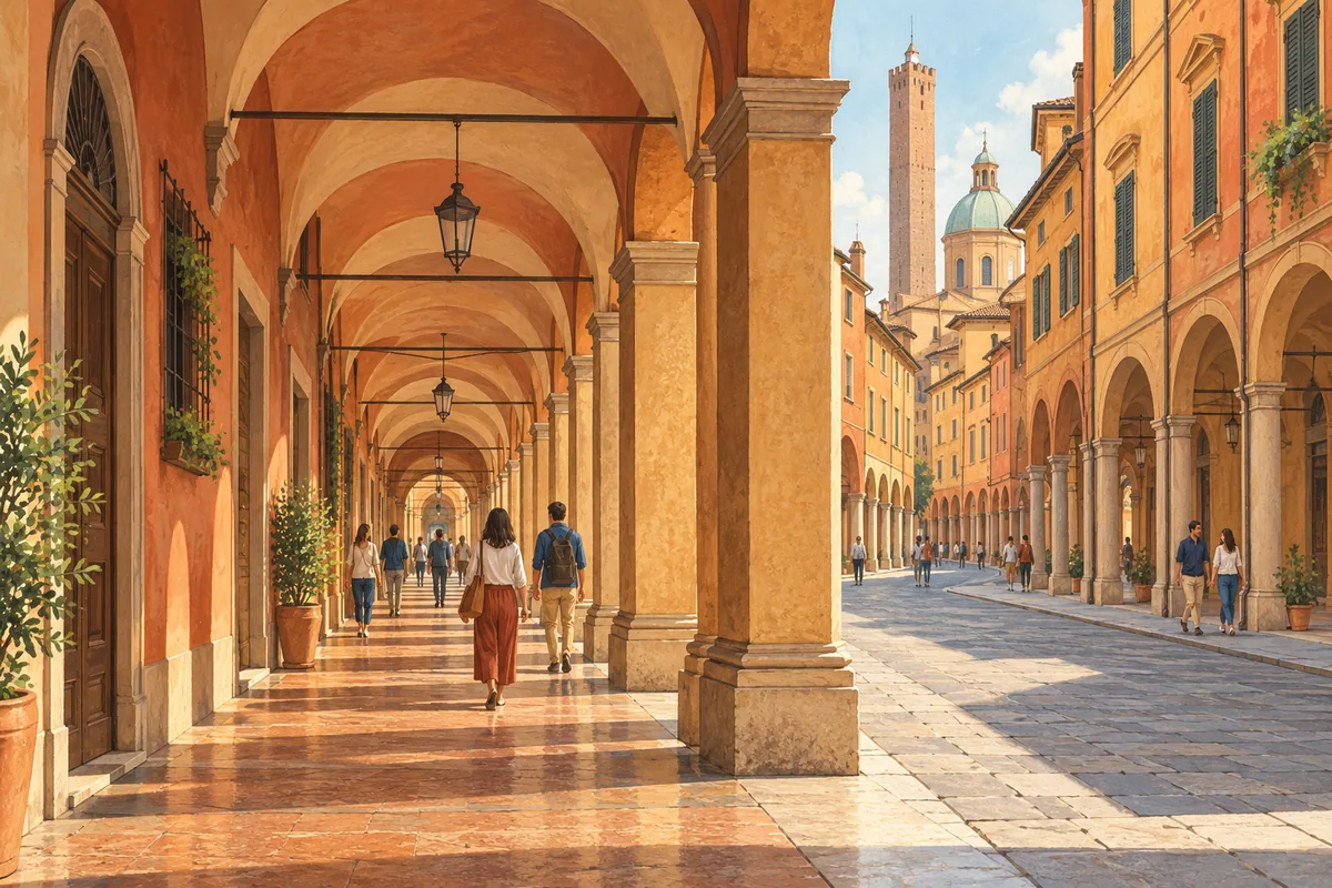 Illustration of people walking beneath terracotta masonry porticoes beside a paved street.