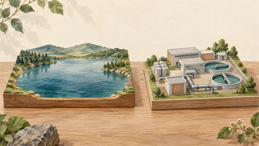 Separate tabletop models show an open waterbody and a generic treatment complex.