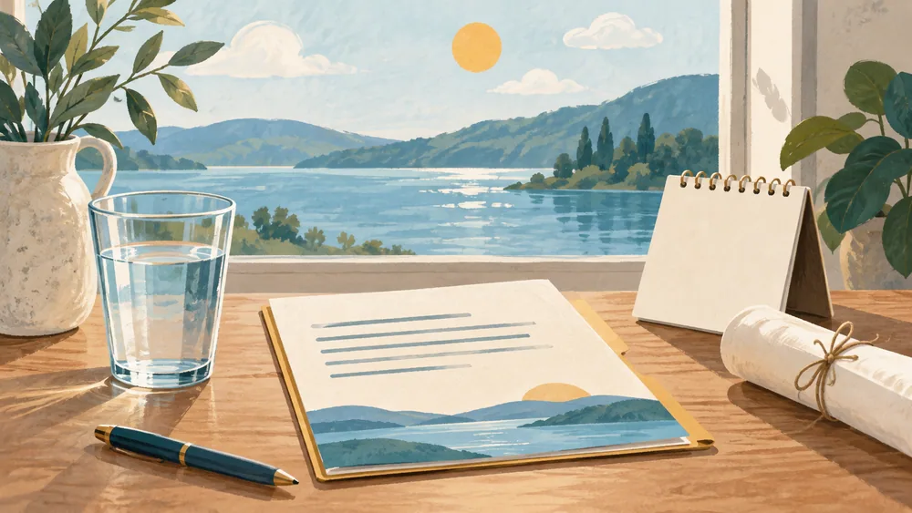 Generated illustration of a dated-record folder, blank calendar and changing weather symbols.