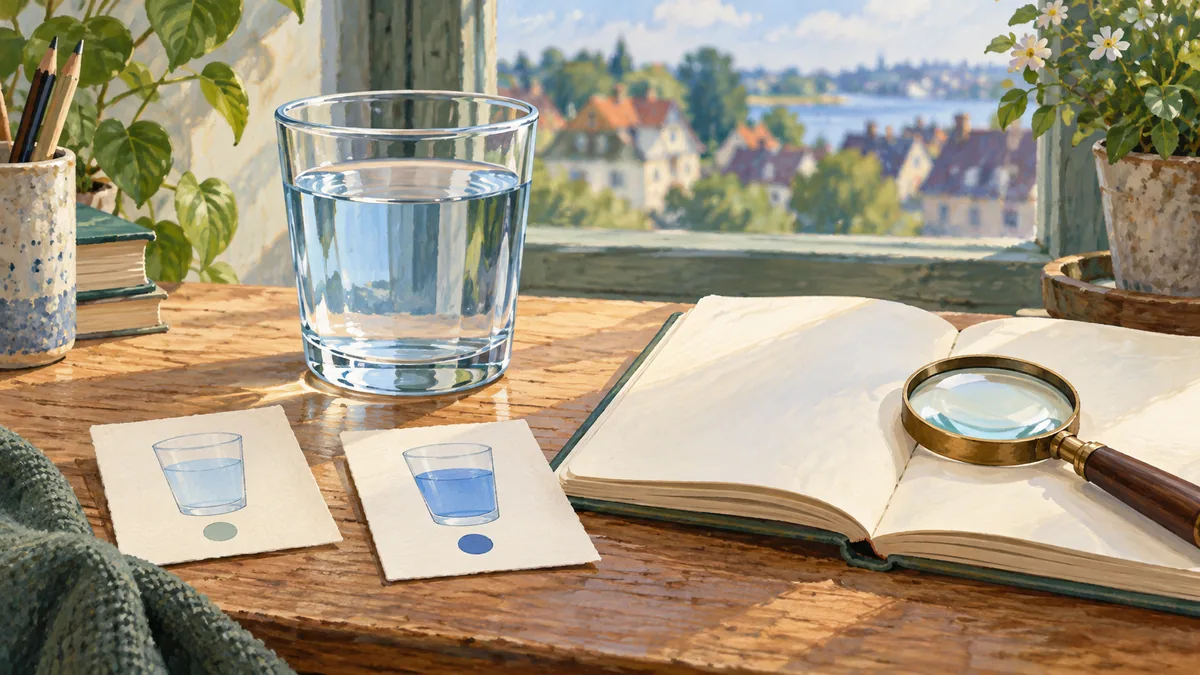 A glass of water beside a blank notebook and magnifying glass.