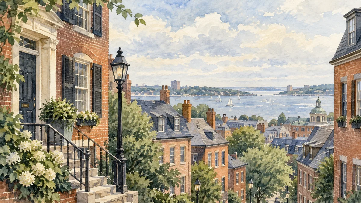 Watercolor brick houses and a harbor in an imagined New England neighborhood.