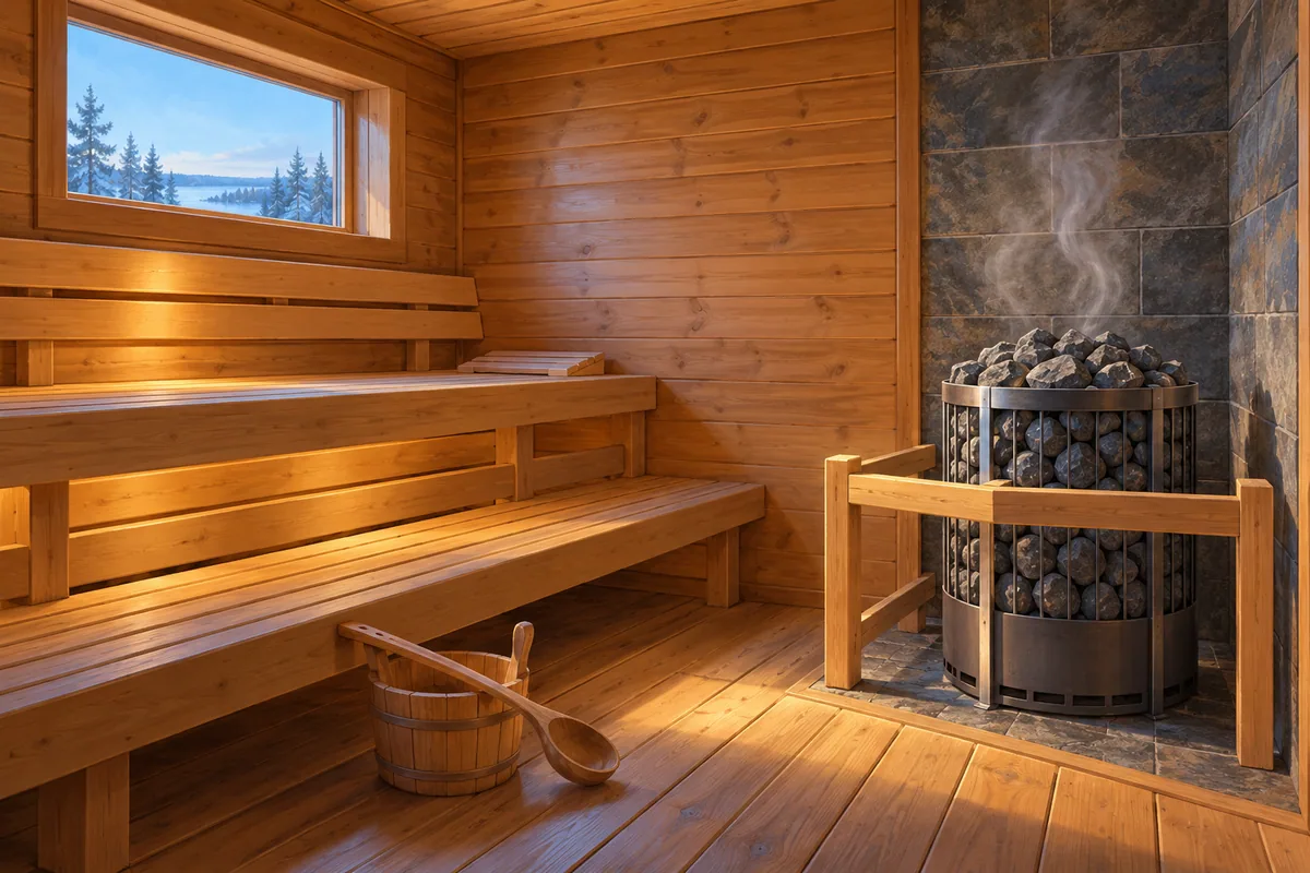 Illustration of an empty wooden sauna with benches and a stone-filled heater.