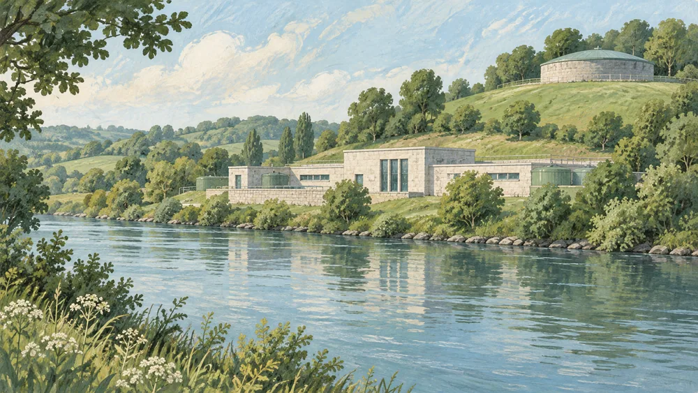 Illustrated river beside a simple treatment building and covered reservoir in a fictional green landscape.