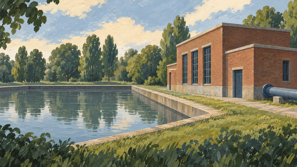 A fictional treatment building beside a basin, with a separate incoming pipe.