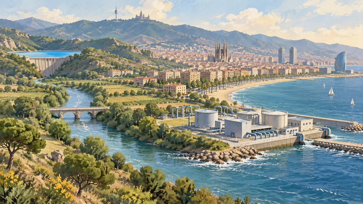 Conceptual Barcelona coastal landscape with a skyline, inland hills, river and generic desalination works.