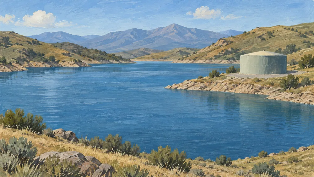 An imagined reservoir in foothills beside a plain covered storage tank.