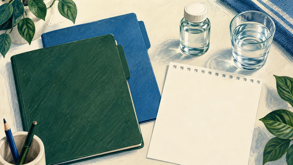 Illustrated report folders, a blank sheet of paper, an unlabelled sample bottle and a drinking glass.