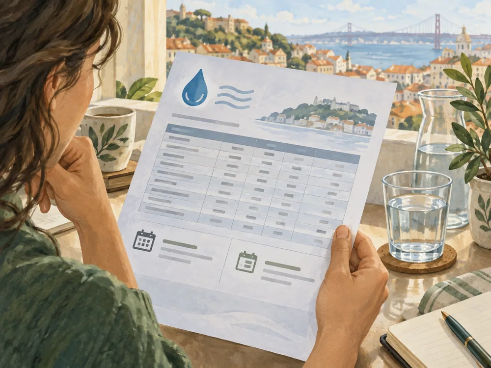 Illustrated close-up of a water report with an unreadable table and separate document sections on the page.