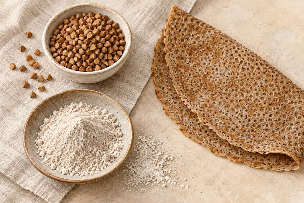 Illustration of angular buckwheat grains, flour and the lacy surface of a plain folded galette.