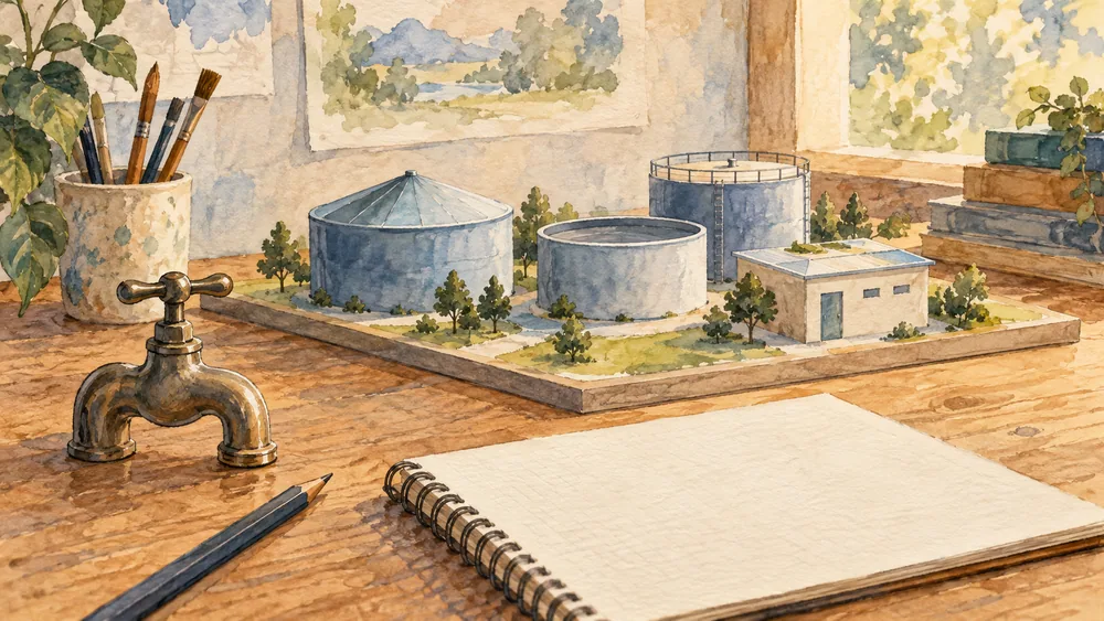 An invented treatment-building model stands beside a closed tap and blank notebook.