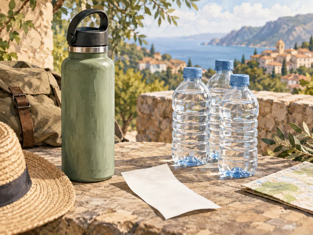Illustration of a reusable bottle and disposable drink bottles beside a blank sheet of paper on an outdoor stone surface.