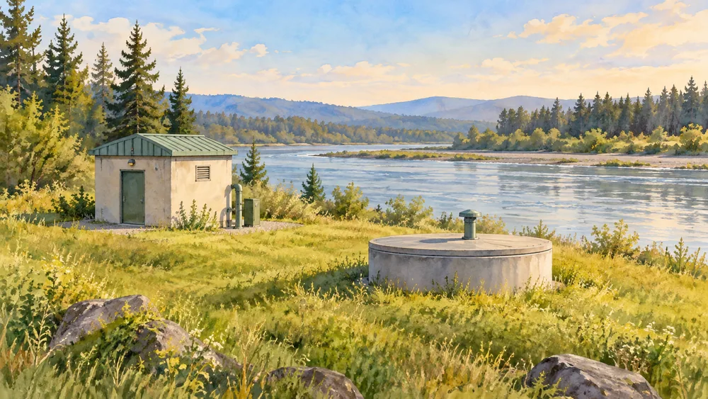 Illustration of a closed well vault and a small anonymous building near a river.