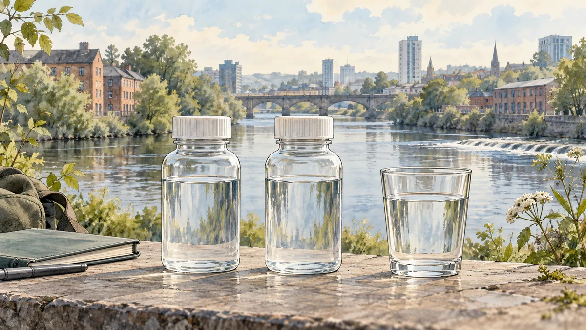 Two sample bottles and a glass beside an imagined city river.