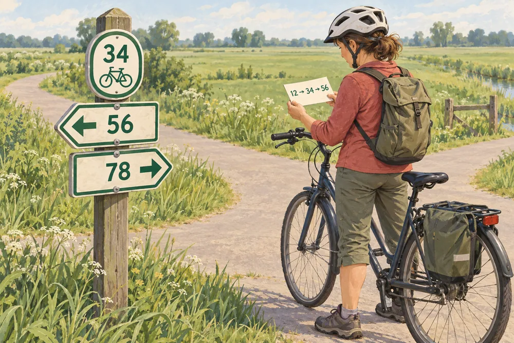A cyclist stopped beside a bicycle checks a paper list reading 12 → 34 → 56; an imagined node 34 sign points left to 56 and right to 78.
