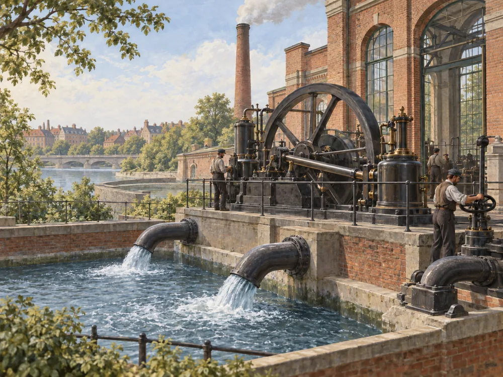 Historical reconstruction of steam-era waterworks machinery on an outdoor terrace beside a brick hall.