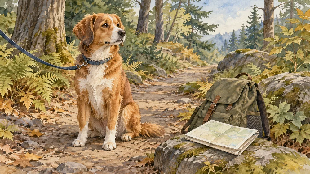 A leashed dog waits on an invented forest path beside a closed bag and map.