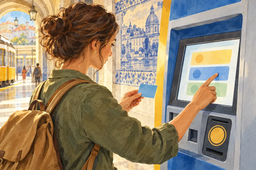 Traveller holding a plain travel card beside an illustrated ticket machine.