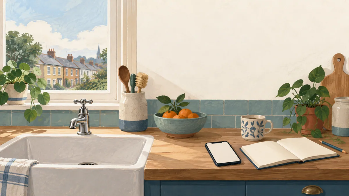Illustration of a closed kitchen tap, a blank phone screen and an open notebook in an invented home.