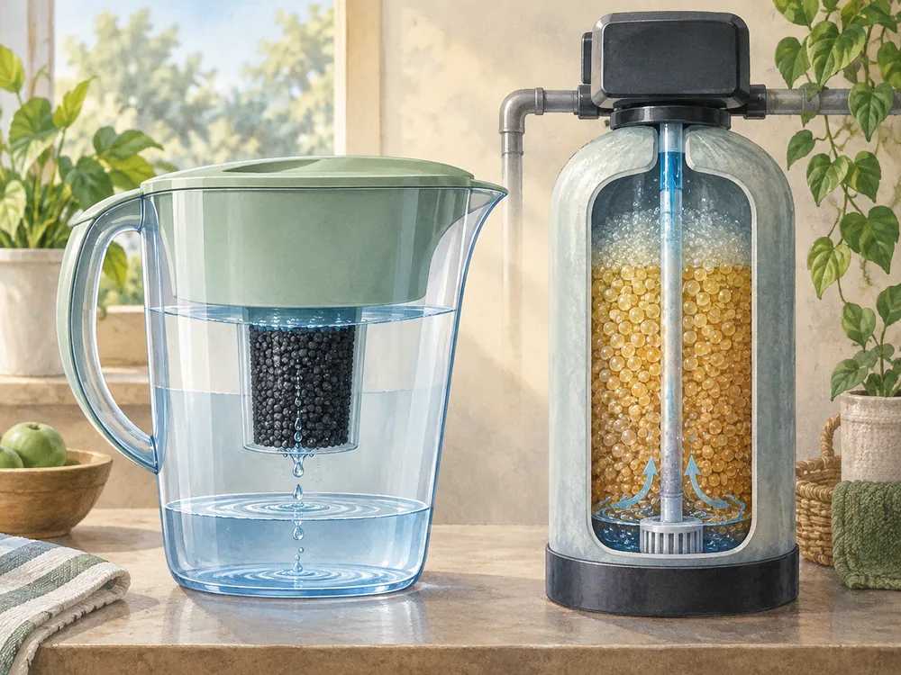 Conceptual cutaway of separate vessels holding carbon granules and resin beads, with stylized blue arrows.