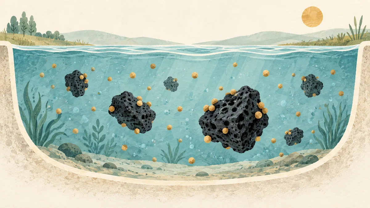 Generated illustration of porous carbon shapes suspended in a conceptual water-treatment scene.