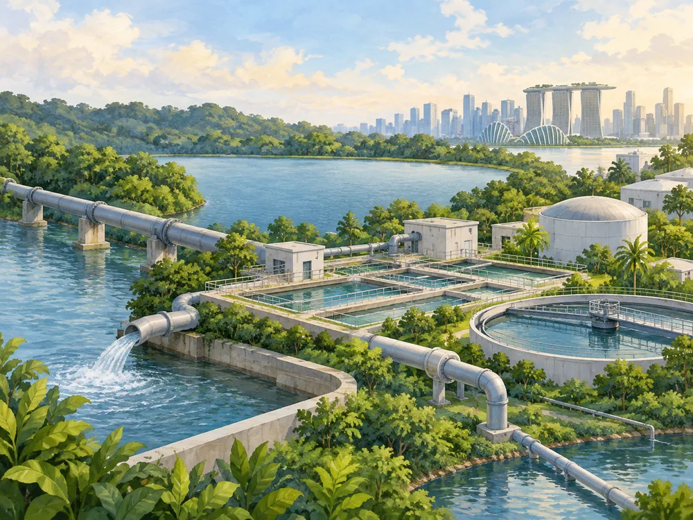 Conceptual landscape with cross-border supply piping and generic water-treatment equipment among green spaces.
