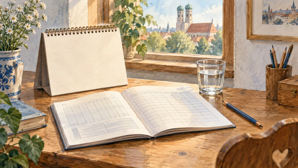 An unlabelled calendar and report grid sit beside a glass on a desk.